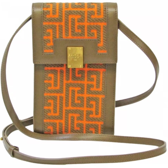 Balmain 1945 Jacquard Monogram Phone Crossbody Bag Olive/ Orange NWT - Picture 1 of 2